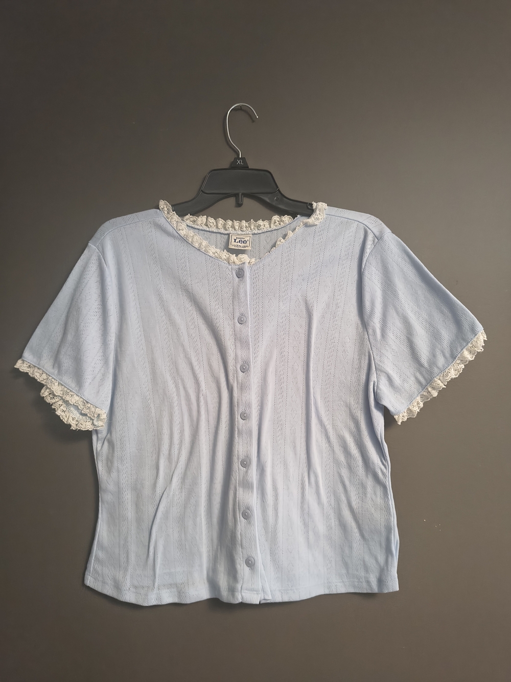 KACEY LEE Pale Blue Button-Front Top with Cream Lace Trim